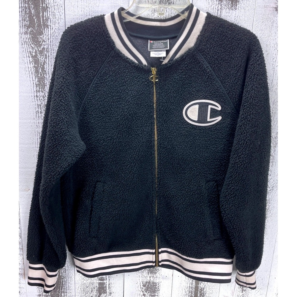 Champion Women's M Black Sherpa Fleece Varsity Jacket Zip Up Logo